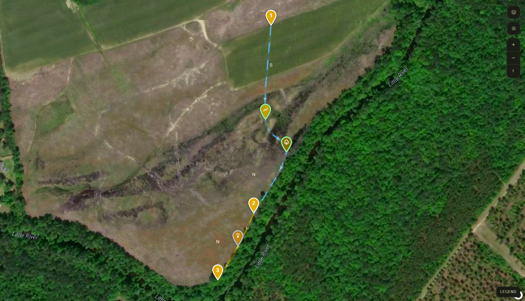BuckTrax showing a target buck's movement route across a property