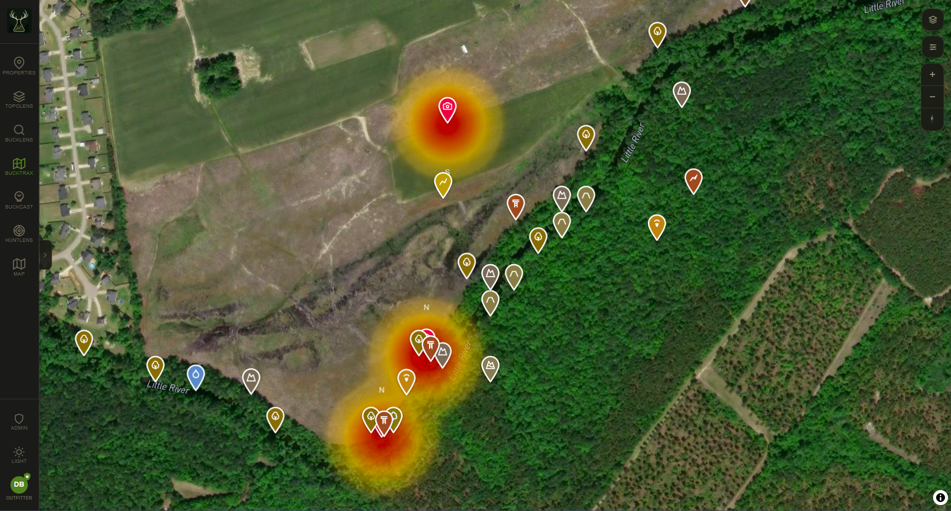 BuckTrax property-level activity heatmap showing deer movement hotspots
