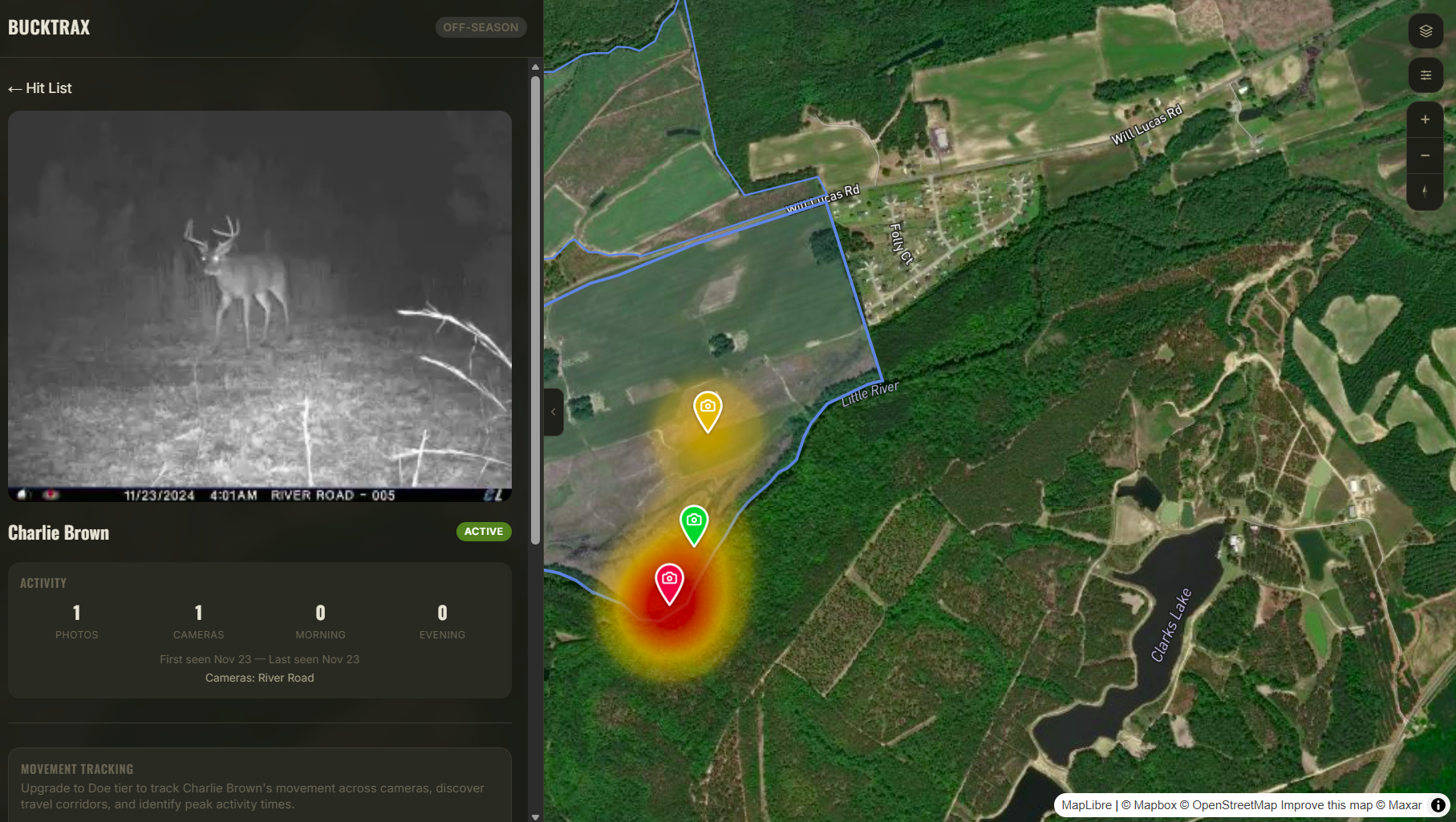 BuckTrax hit list showing Charlie Brown buck profile with trail cam photo, activity stats, and heatmap on satellite map
