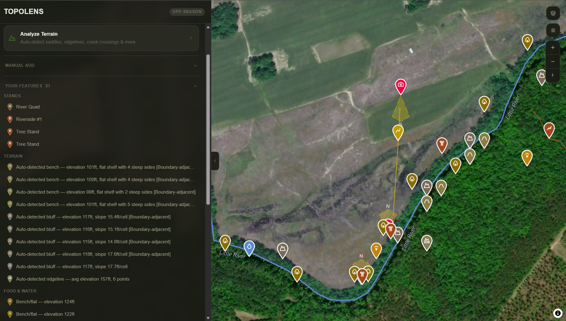 TopoLens showing auto-detected terrain features alongside satellite map